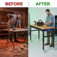 70 In. W X 21 In. D Heavy-Duty Work Bench Adjustable Work Bench Work Table, Solid Wood Top with Power Outlets and Wheels — Before & After