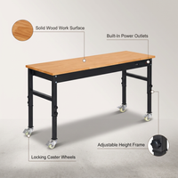 70 In. W X 21 In. D Heavy-Duty Work Bench Adjustable Work Bench Work Table, Solid Wood Top with Power Outlets and Wheels — infographic