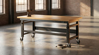 70 In. W X 21 In. D Heavy-Duty Work Bench Adjustable Work Bench Work Table, Solid Wood Top with Power Outlets and Wheels — Lifestyle
