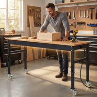70 In. W X 21 In. D Heavy-Duty Work Bench Adjustable Work Bench Work Table, Solid Wood Top with Power Outlets and Wheels — Lifestyle