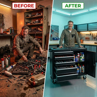 Metal Garage Storage Cabinet on Wheels, Lockable Rolling Tool Cabinet with Drawer and Shelves, Heavy Duty Mobile Steel Cabinet for Garage Warehouse Workshop — Before & After