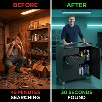 Rolling Tool Cabinet Engineered for Heavy Duty Storage, Lockable Steel Construction, Drawer and Shelves — Before & After
