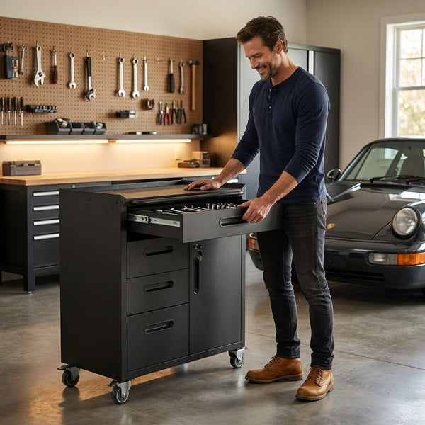 Rolling Tool Cabinet Engineered for Heavy Duty Storage, Lockable Steel Construction, Drawer and Shelves