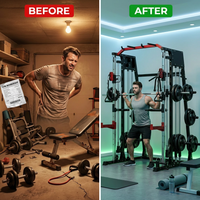 Smith Machine Home Gym All-In-1, 2200LBS Power Cage with Dual Cable Pulley Systems, LAT Pull-Down & Leg Hold-Down | Complete Strength Training Equipment for Full Body Workouts — Before & After
