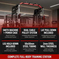 Smith Machine Home Gym All-In-1, 2200LBS Power Cage with Dual Cable Pulley Systems, LAT Pull-Down & Leg Hold-Down | Complete Strength Training Equipment for Full Body Workouts — Results & Stats