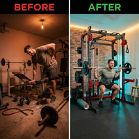 Smith Machine Home Gym Built for Complete Workouts, 2200LB Capacity, Dual Cable System, Power Cage Frame — Before & After