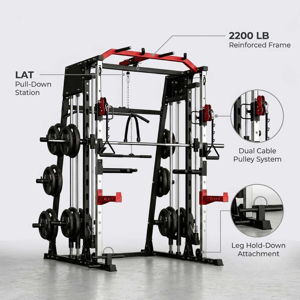 Smith Machine Home Gym Built for Complete Workouts, 2200LB Capacity, Dual Cable System, Power Cage Frame — infographic