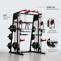 Smith Machine Home Gym Built for Complete Workouts, 2200LB Capacity, Dual Cable System, Power Cage Frame — infographic