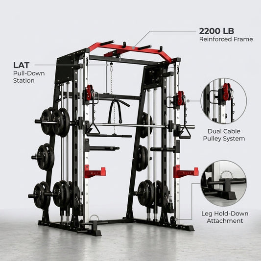 Smith Machine Home Gym Built for Complete Workouts, 2200LB Capacity, Dual Cable System, Power Cage Frame — infographic