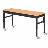 Adjustable Work Bench Built for Heavy Duty Use, 70 x 21 Inches, Solid Oak Top, Power Outlets, Wheels